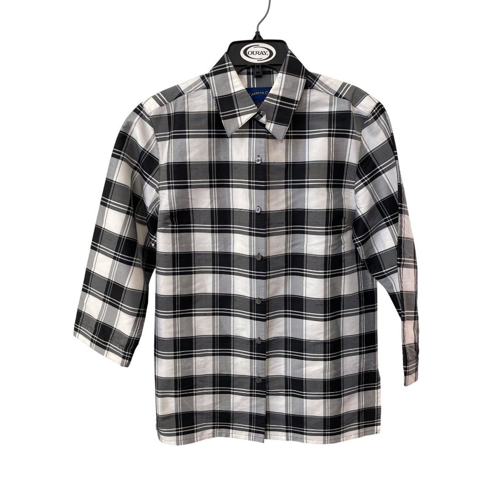 Charter Club Plaid Button Front Shirt Women S 3/4 Sleeve Silk Black White Preppy